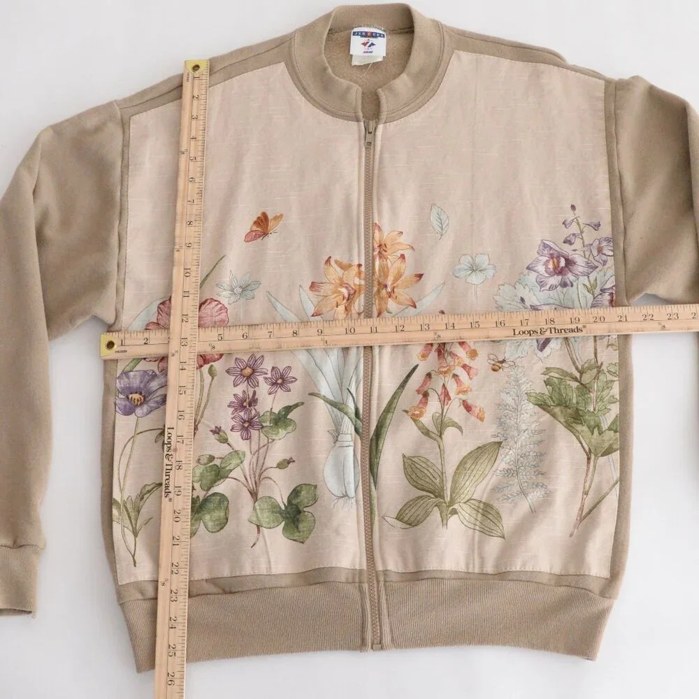 Vintage Jerzees Tan Floral Zip Up With Hidden Pockets Sweater Large - Picture 4 of 12